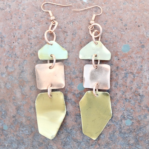 Brass Copper Long Brutalist Statement Earrings - Picture 5 of 13